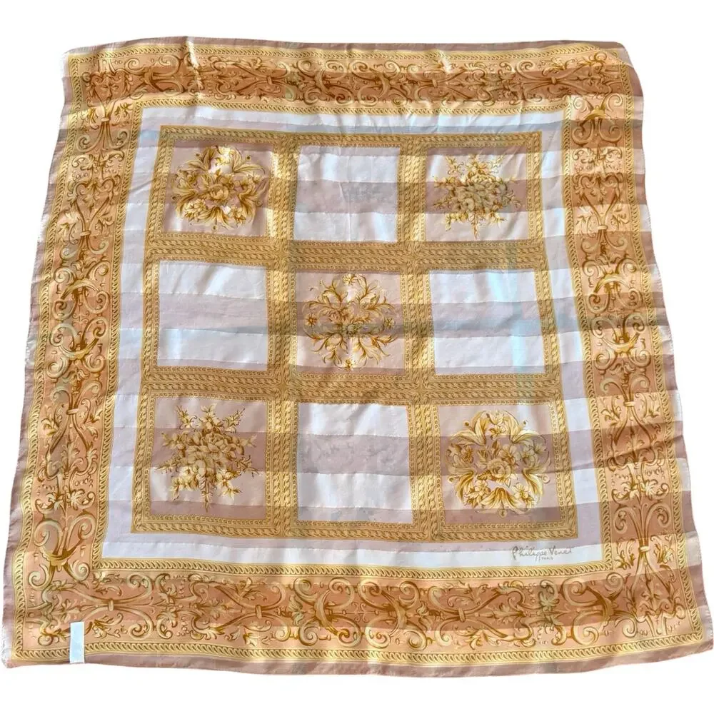 Vintage Philippe Venet Paris Silk Scarf 1980s Gold Baroque Scroll Floral 35